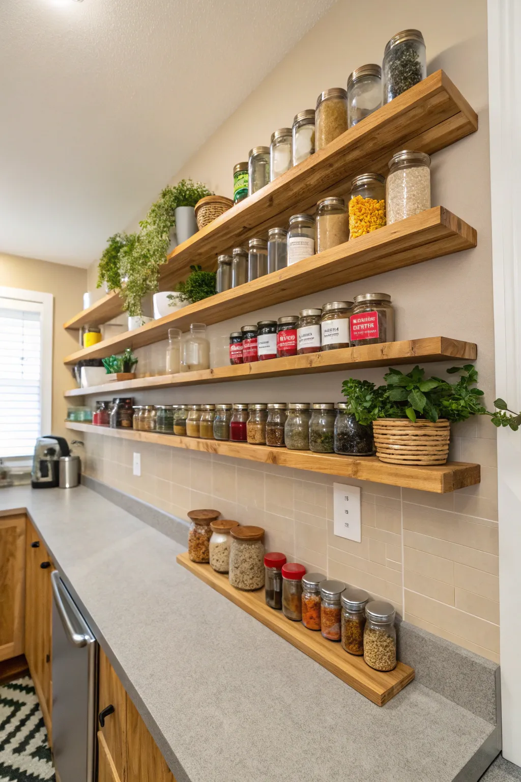 Floating bamboo shelves holding spice tins on a sage green wall in a modern boho kitchen.