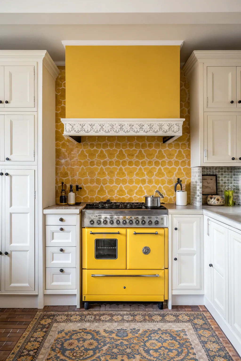 A bold mustard yellow accent wall behind a white stove in a cheerful boho kitchen.