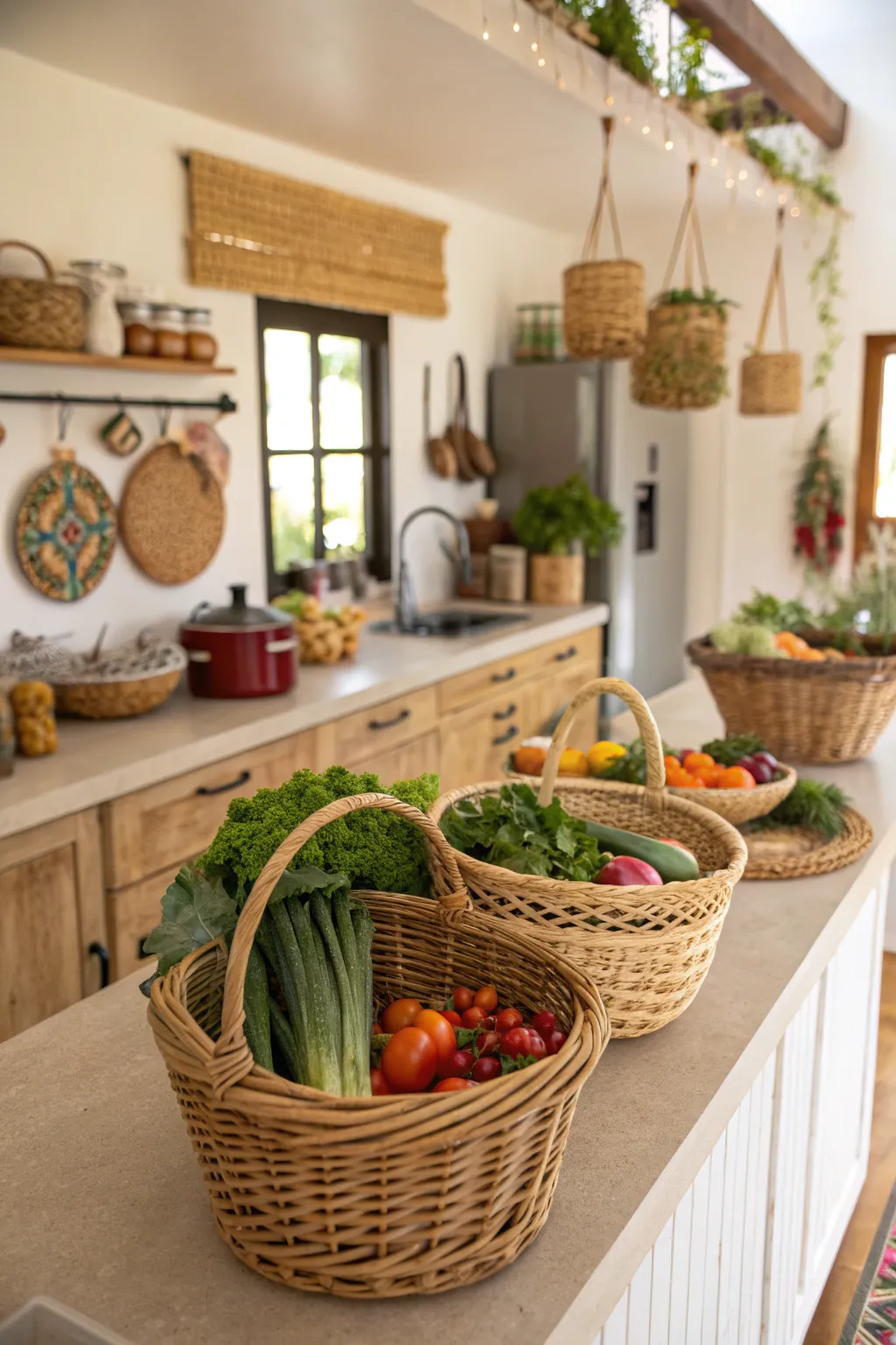 Natural woven baskets filled with onions and potatoes in a colorful bohemian kitchen.