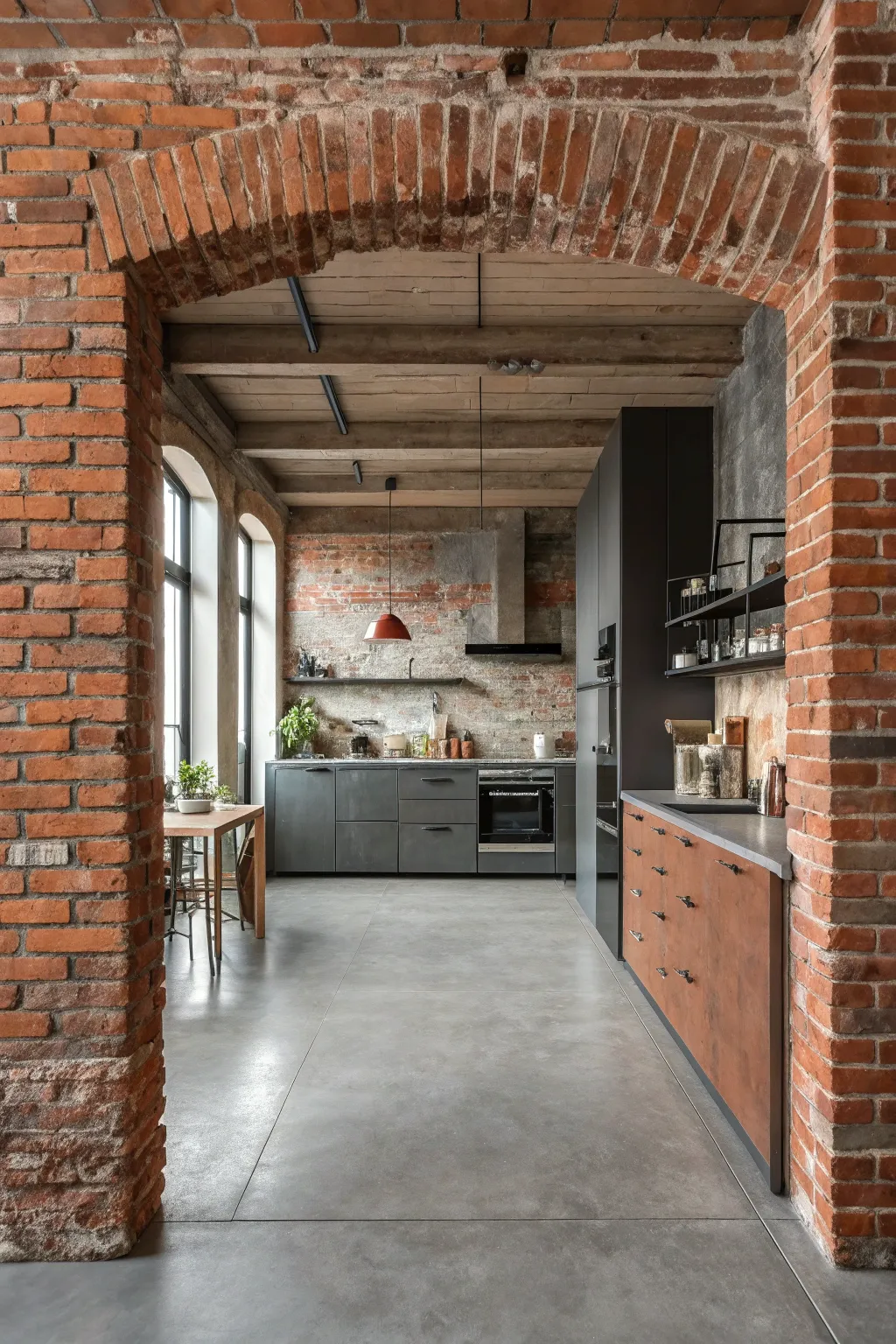 An exposed brick wall with a white distressed finish in a colorful boho kitchen.