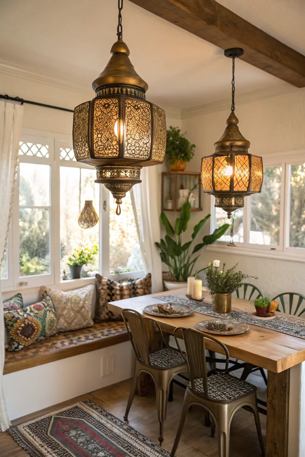 Intricate Moroccan lanterns casting geometric shadows in a colorful kitchen nook.