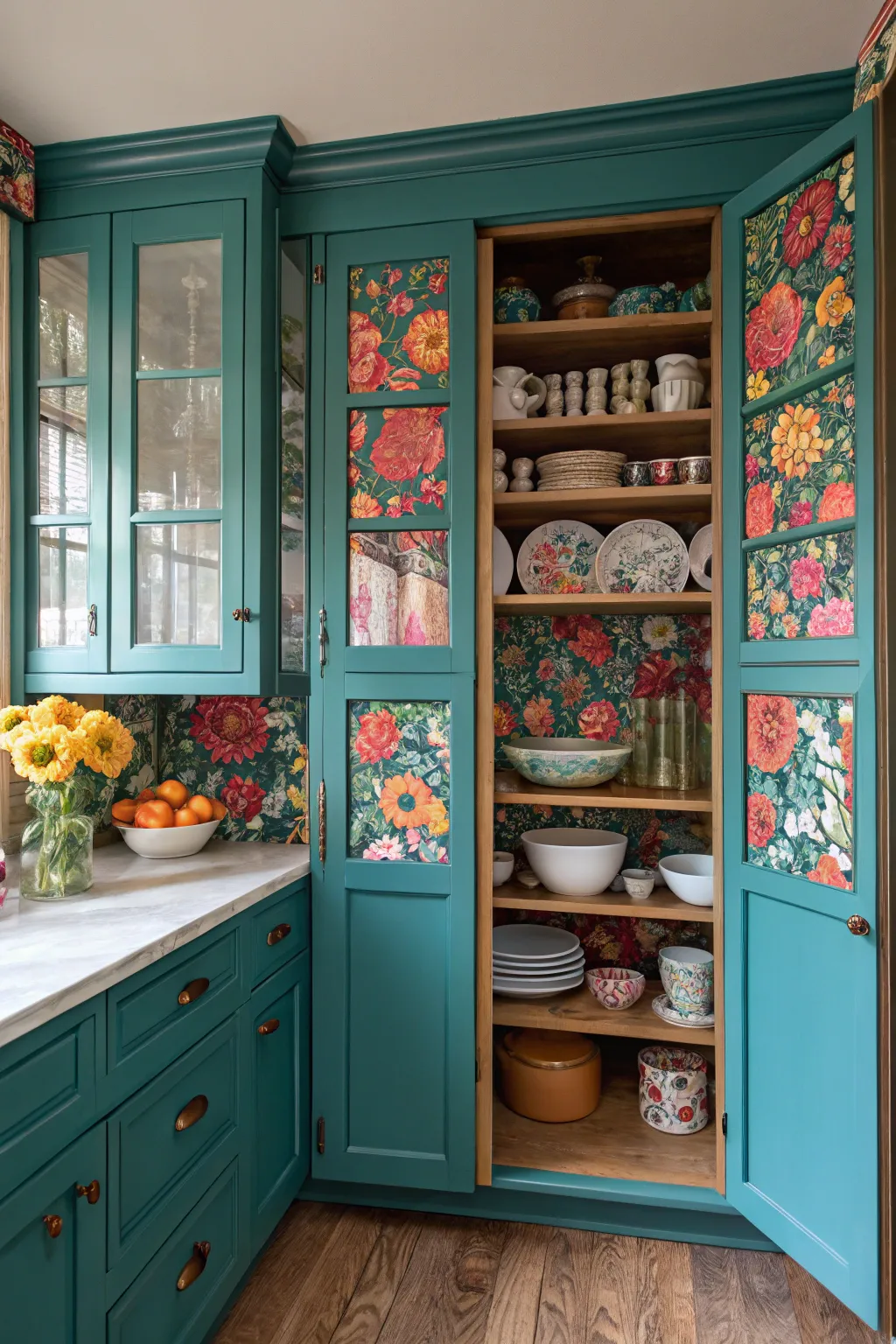 Open kitchen cabinets revealing bright floral wallpaper and colorful ceramic dishes.