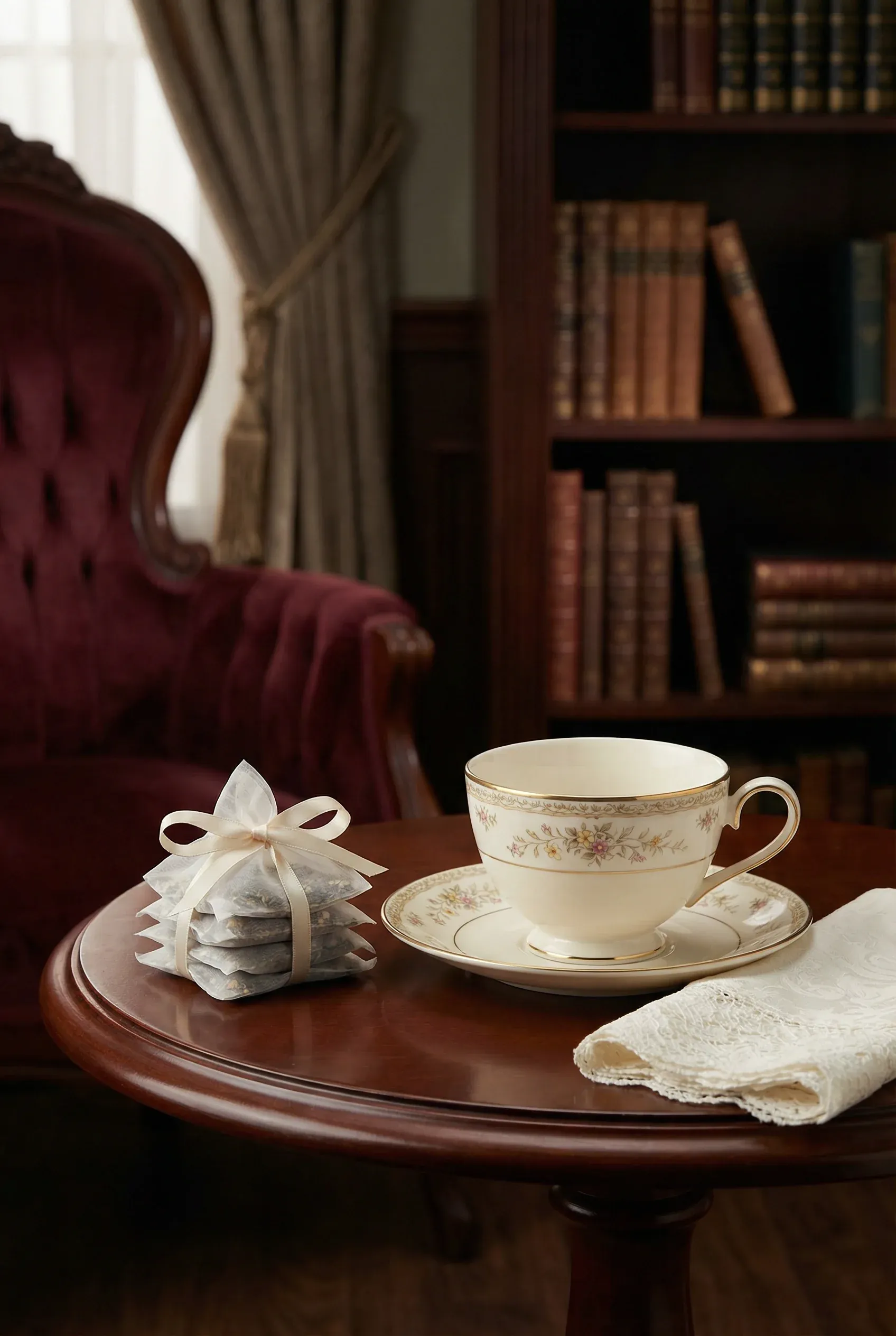 A luxury floral porcelain tea set with gold trim and silk tea bags on a mahogany table.