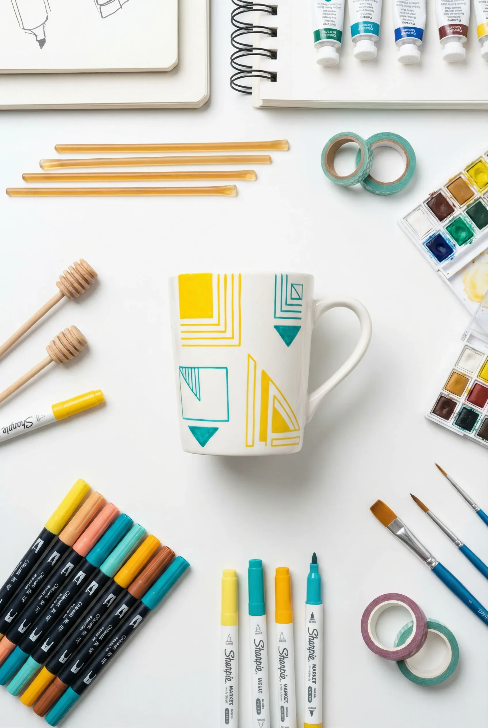 A white mug with hand-painted teal and yellow patterns on a bright artist's desk.