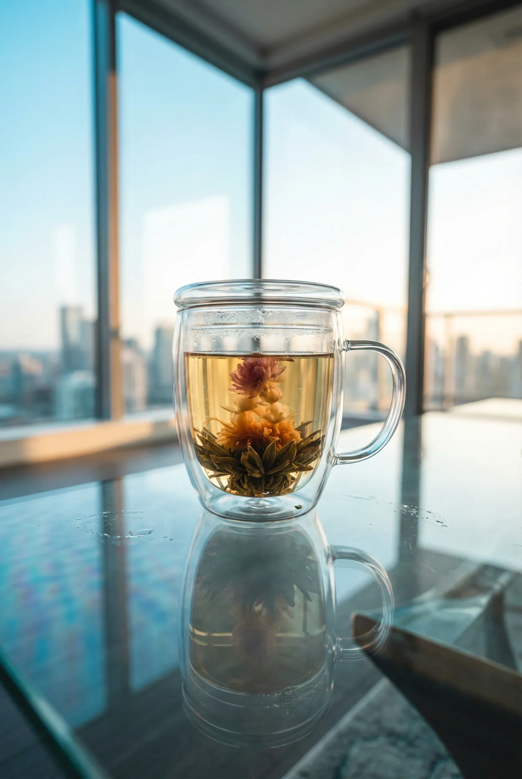 A clear glass mug with a pink blooming tea flower steeping inside, backlit by window light.