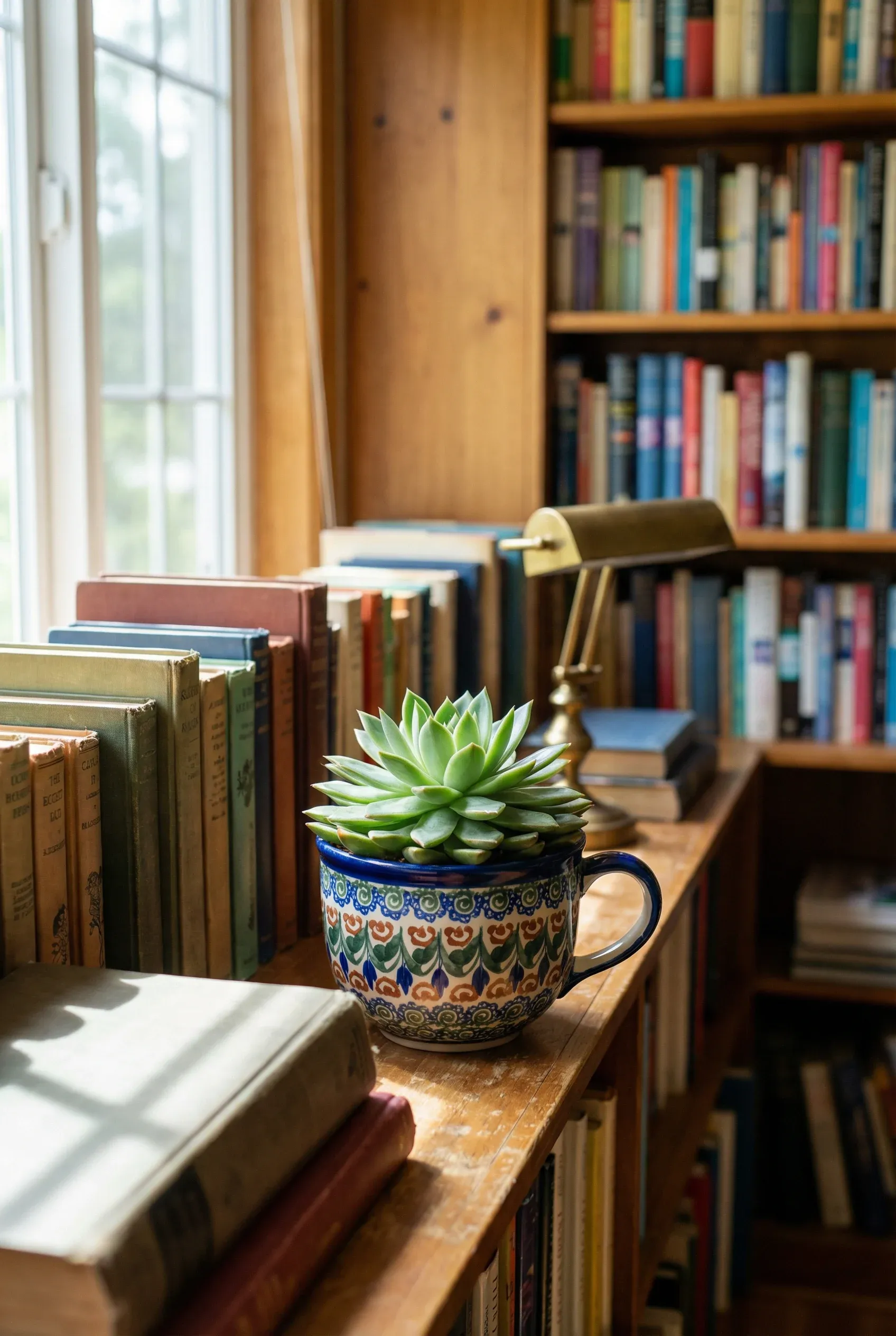 A green succulent plant growing inside a blue patterned tea cup on a wooden bookshelf.