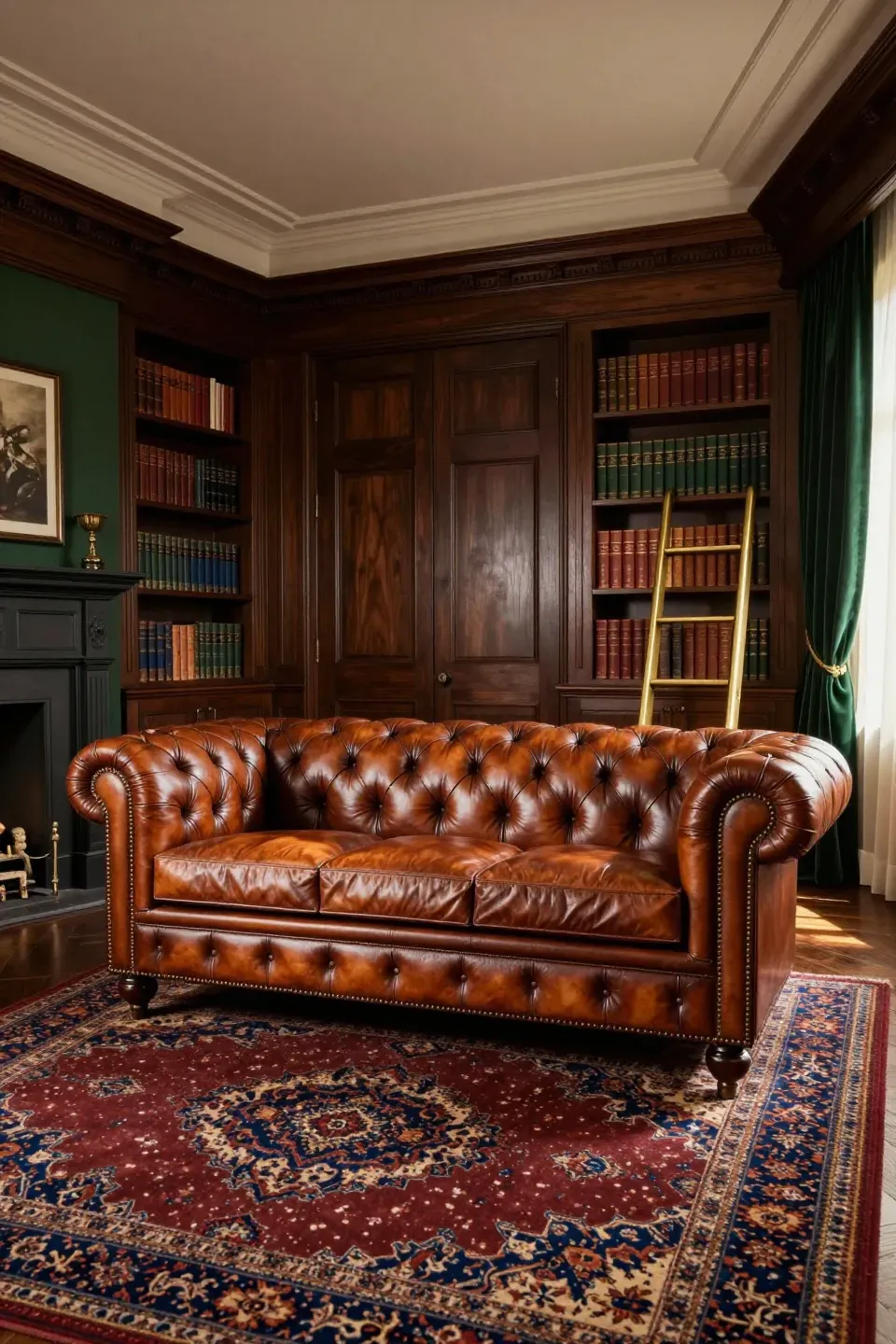 A classic cognac leather Chesterfield sofa with deep button tufting in a luxury wood-paneled study.