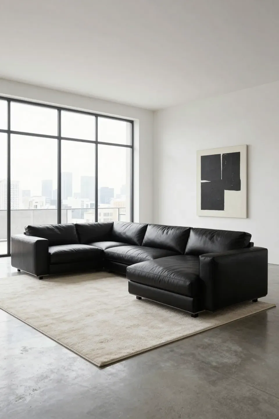 A sleek black leather sectional sofa in a modern minimalist living room with white walls.