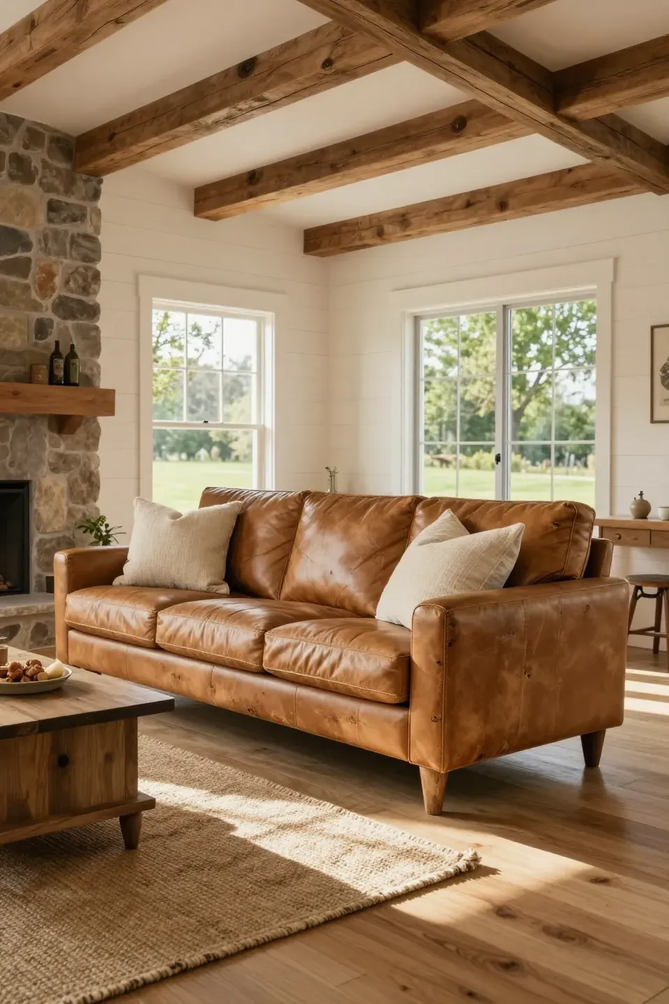 A distressed tan leather sofa with an exposed wood base in a cozy farmhouse living room.