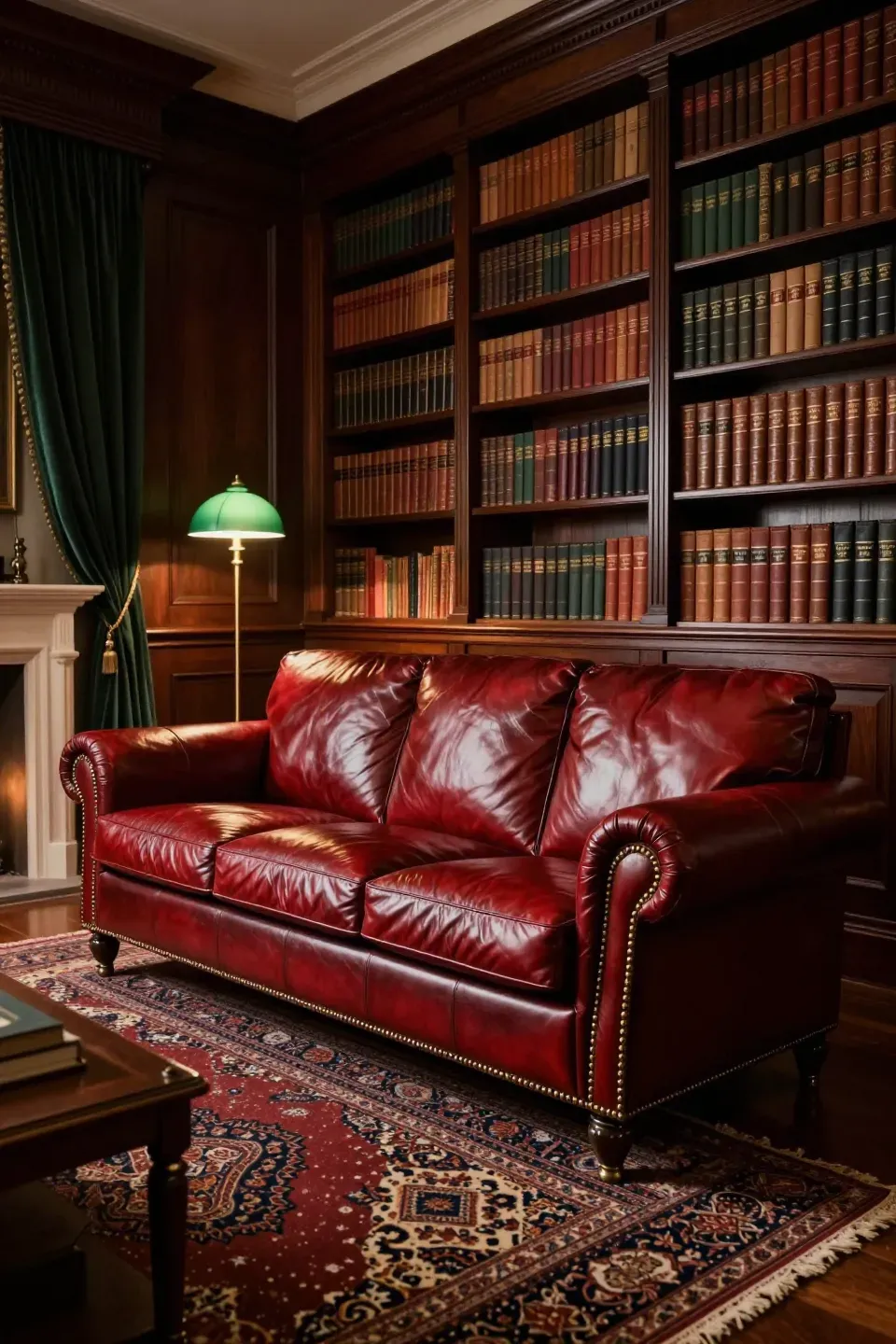 A traditional oxblood red leather sofa with brass nailheads in a dark wood-paneled library.