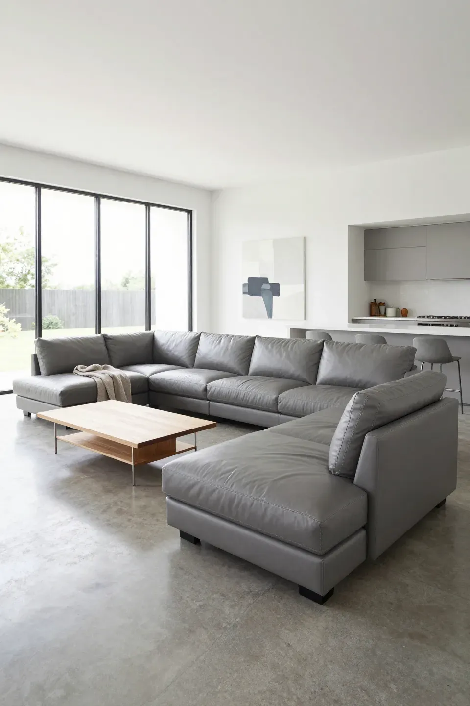 A large modular grey leather sofa system in a modern open-concept living room with concrete floors.