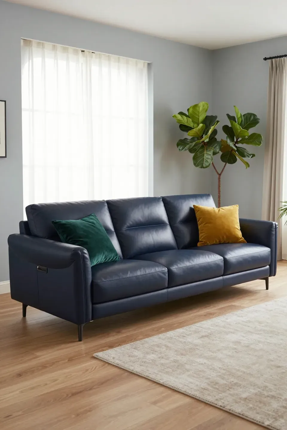 A navy blue leather sofa with emerald velvet pillows in a bright, modern living room.