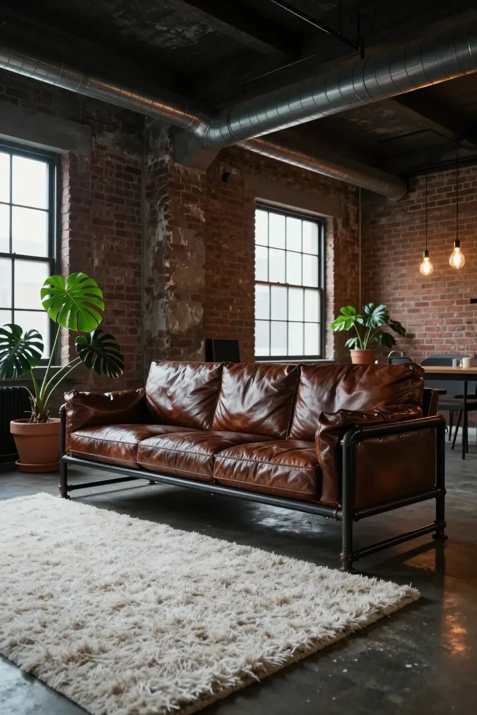 An industrial leather sofa with a black iron pipe frame in an exposed brick loft apartment.