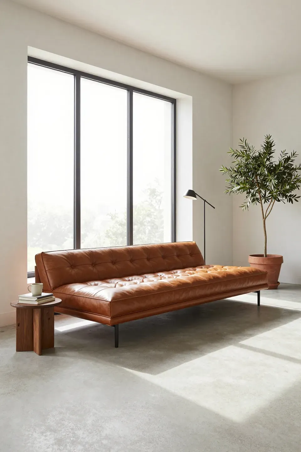 A cognac tufted leather daybed in a minimalist white room with large windows and an olive tree.