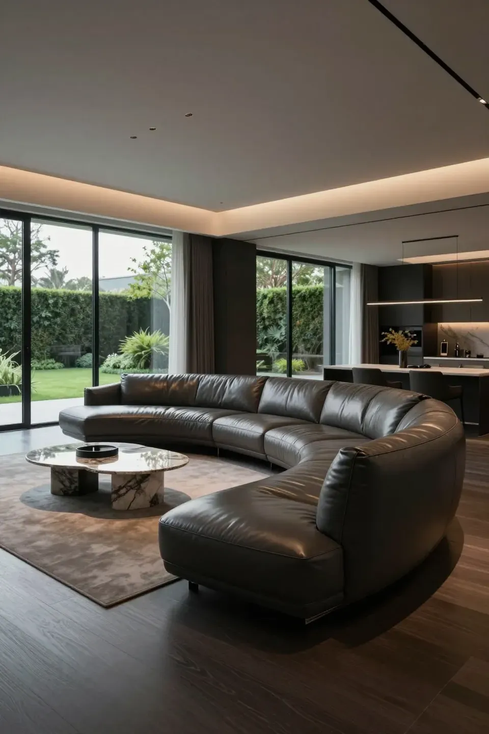 A charcoal gray curved Italian leather sofa floating in the center of a modern glass-walled room.