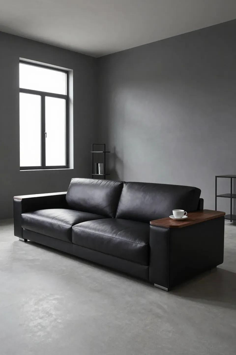 A matte black leather sofa with built-in walnut side tables in a minimalist gray room.