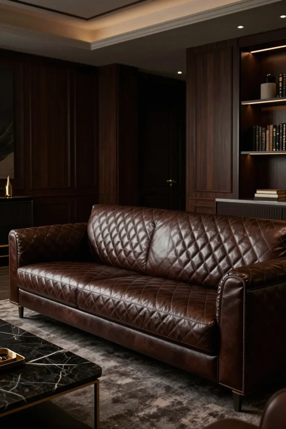 A luxury chocolate brown leather sofa with diamond-pattern quilting in a dark wood-paneled den.