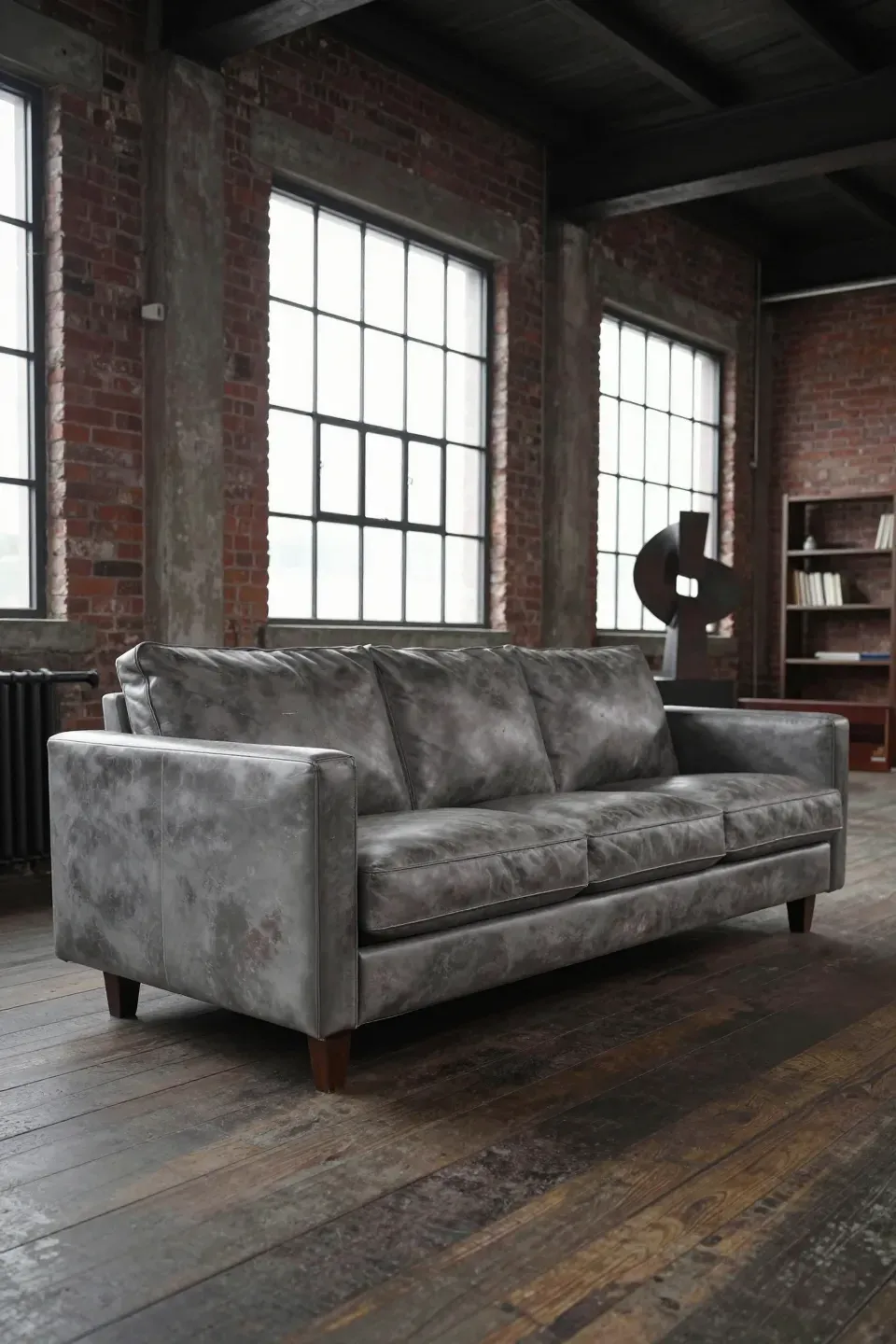 A distressed grey leather sofa with a solid plinth base in an industrial loft with brick walls.