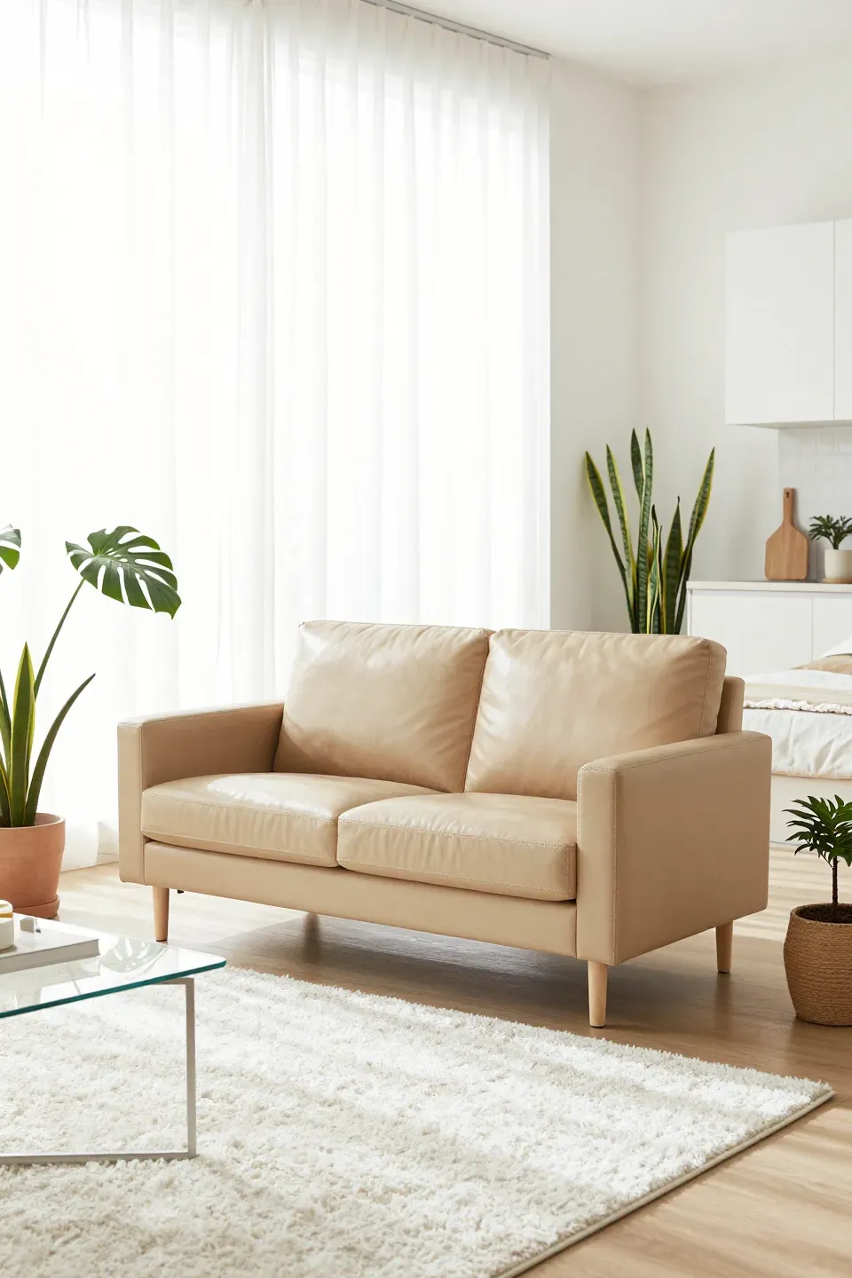 A petite tan leather loveseat in a bright, airy studio apartment with white decor and plants.