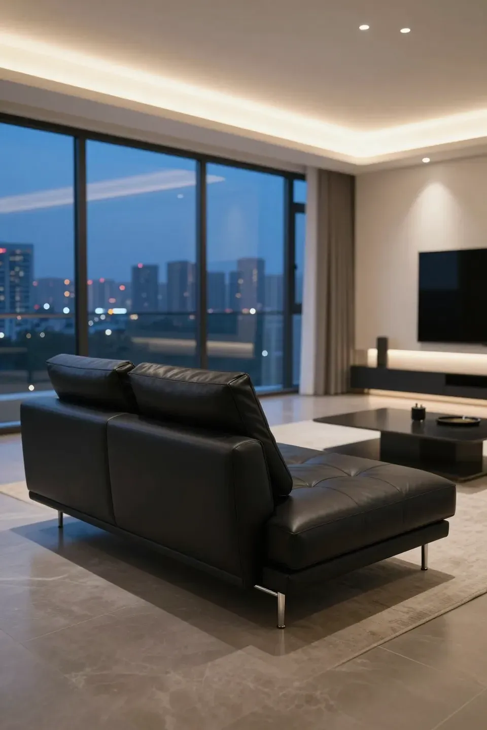 A modern black leather sofa with adjustable headrests in a minimalist room with city views.