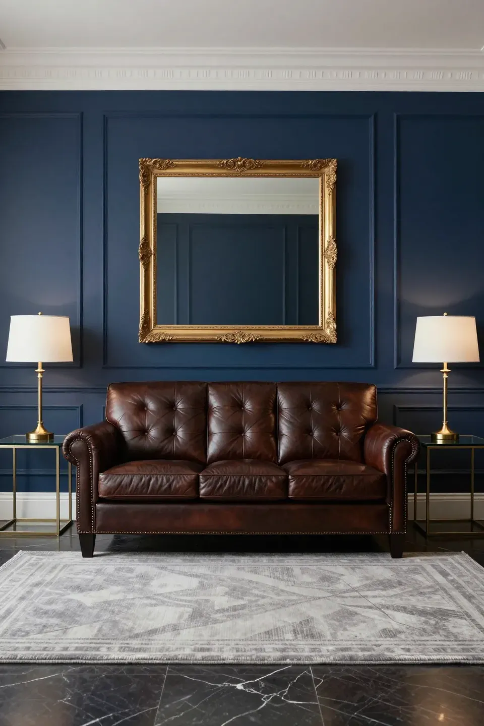 A boxy espresso leather tuxedo sofa with level arms in a formal navy blue sitting room.