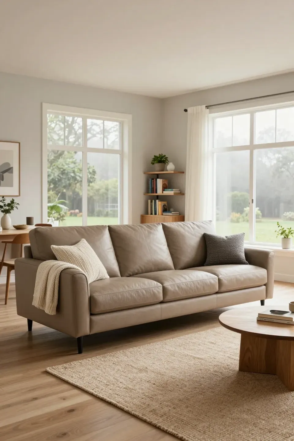 A taupe pebbled leather sofa with a bumpy texture in a bright, family-friendly living room.