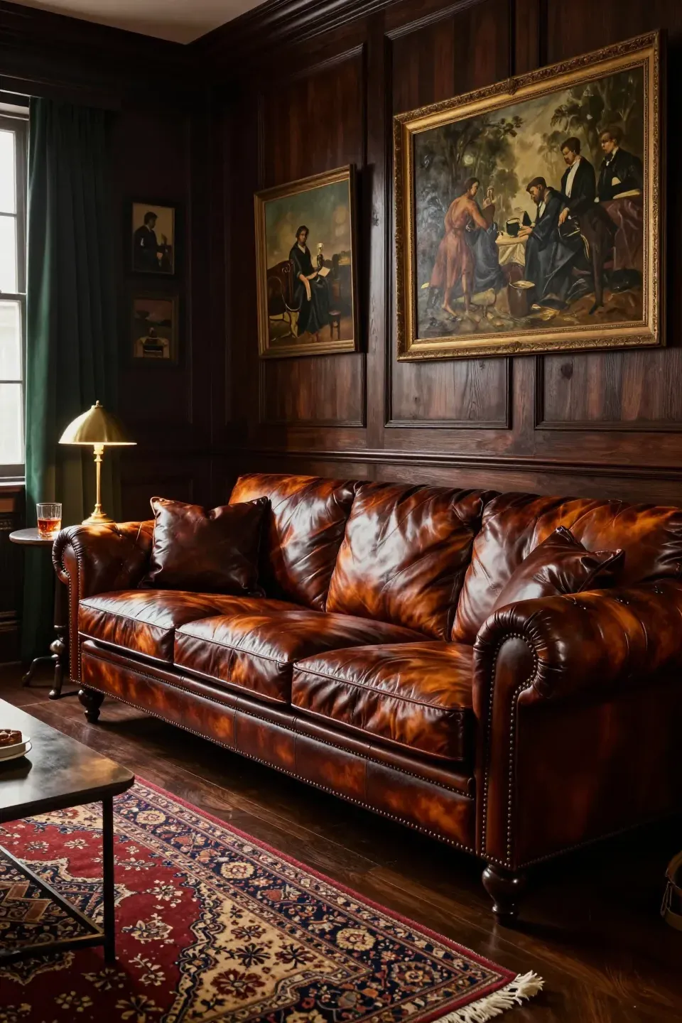 A mahogany hand-rubbed leather sofa with a multi-tone finish in a dark wood-paneled den.