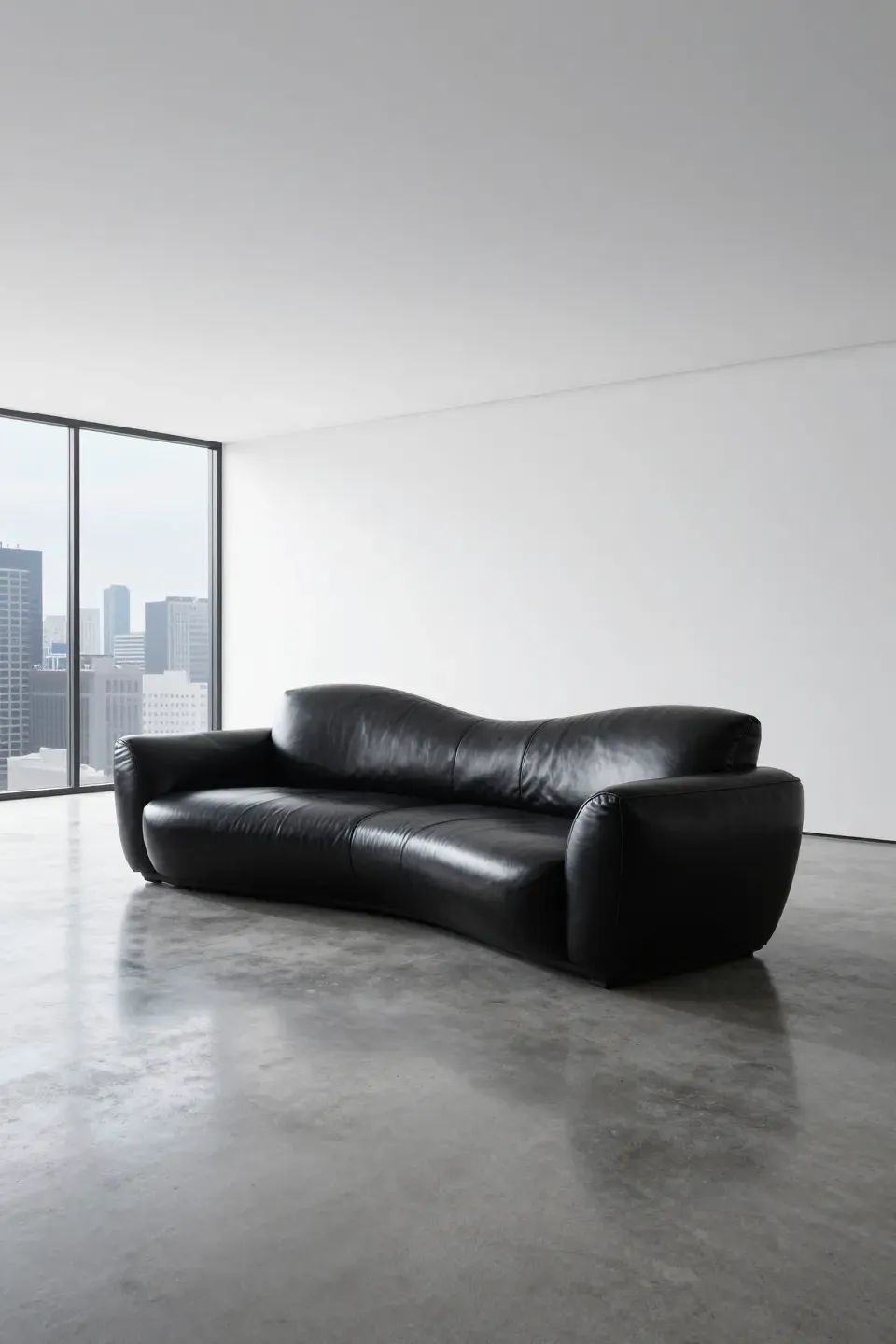 A black sculptural leather sofa with an asymmetrical backrest in a minimalist white room.