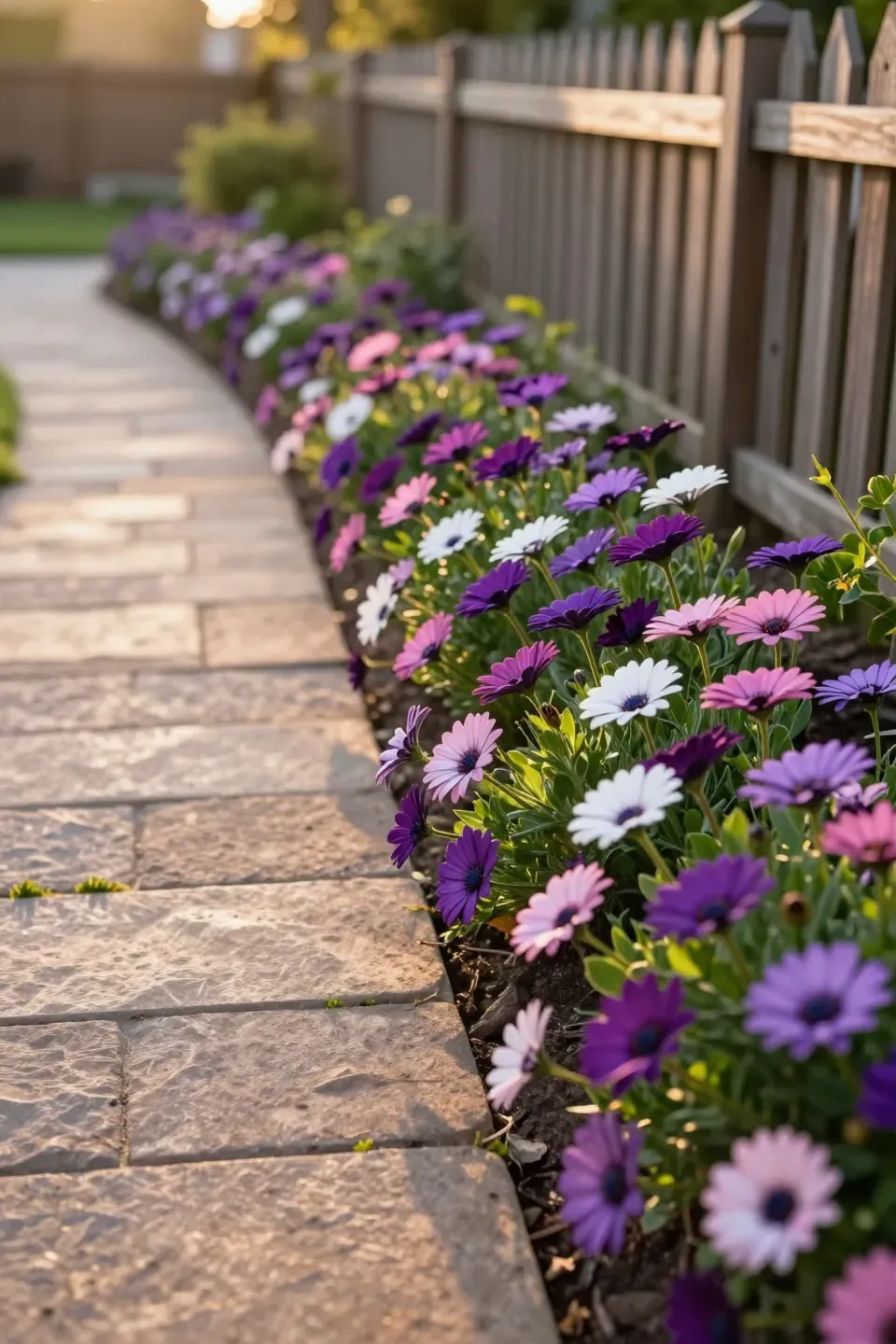 Purple and pink African Daisies lining a stone walkway in a sunny, pet-safe backyard.