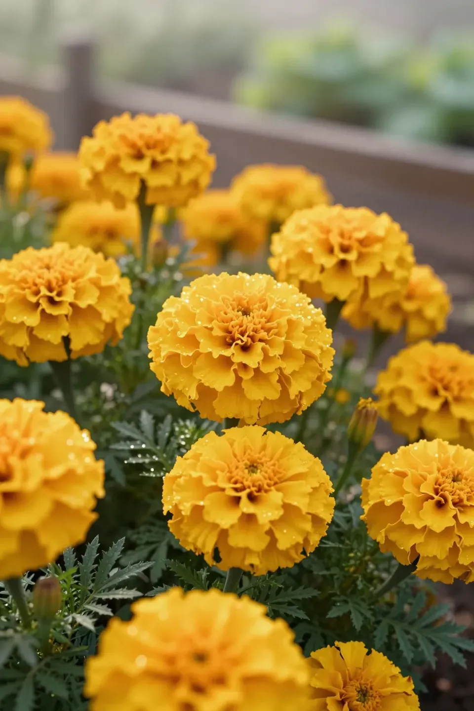 Close-up of bright orange and yellow marigolds with soft, ruffled petals in a sunny garden.
