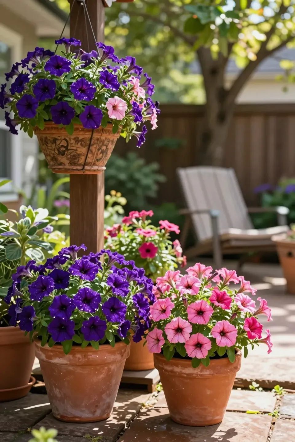 Colorful petunias overflowing from terracotta pots and a hanging basket on a sunny patio.