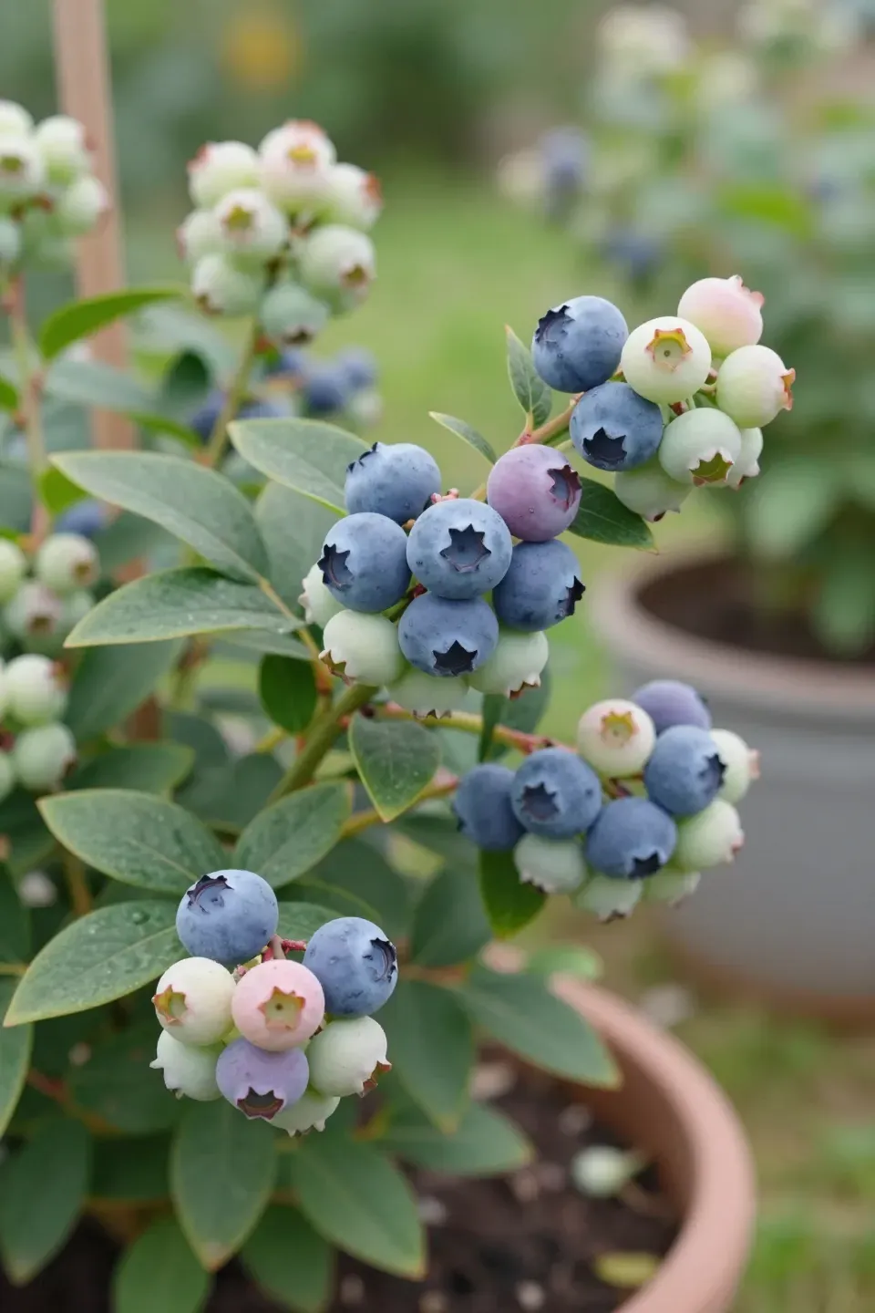 Ripe indigo blueberries and green leaves on a bush in a sunlit garden.