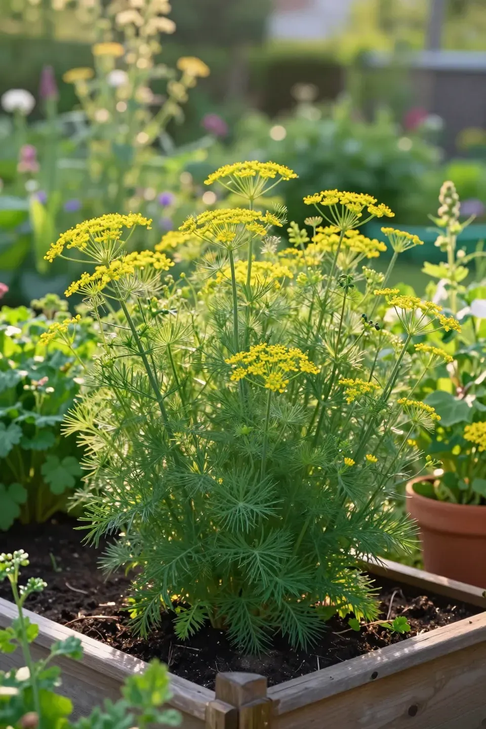 A tall patch of feathery green dill with yellow flower heads growing in a sunny, pet-friendly backyard garden.