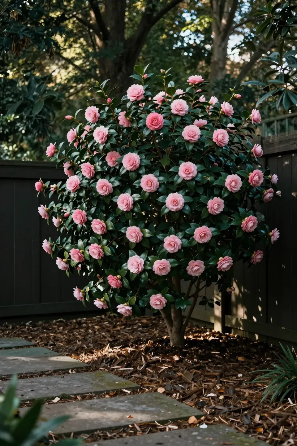 A large Camellia shrub with pink flowers and glossy green leaves growing along a garden fence in dappled shade.
