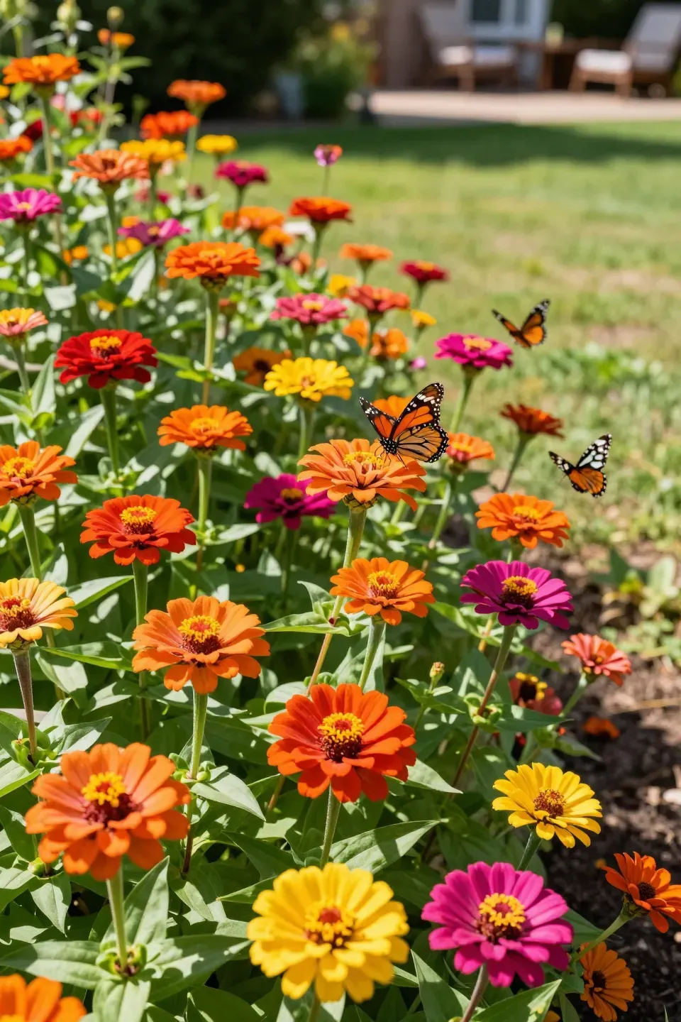 A bright bed of orange, pink, and yellow Zinnia flowers blooming in a sunny backyard under a clear blue sky.