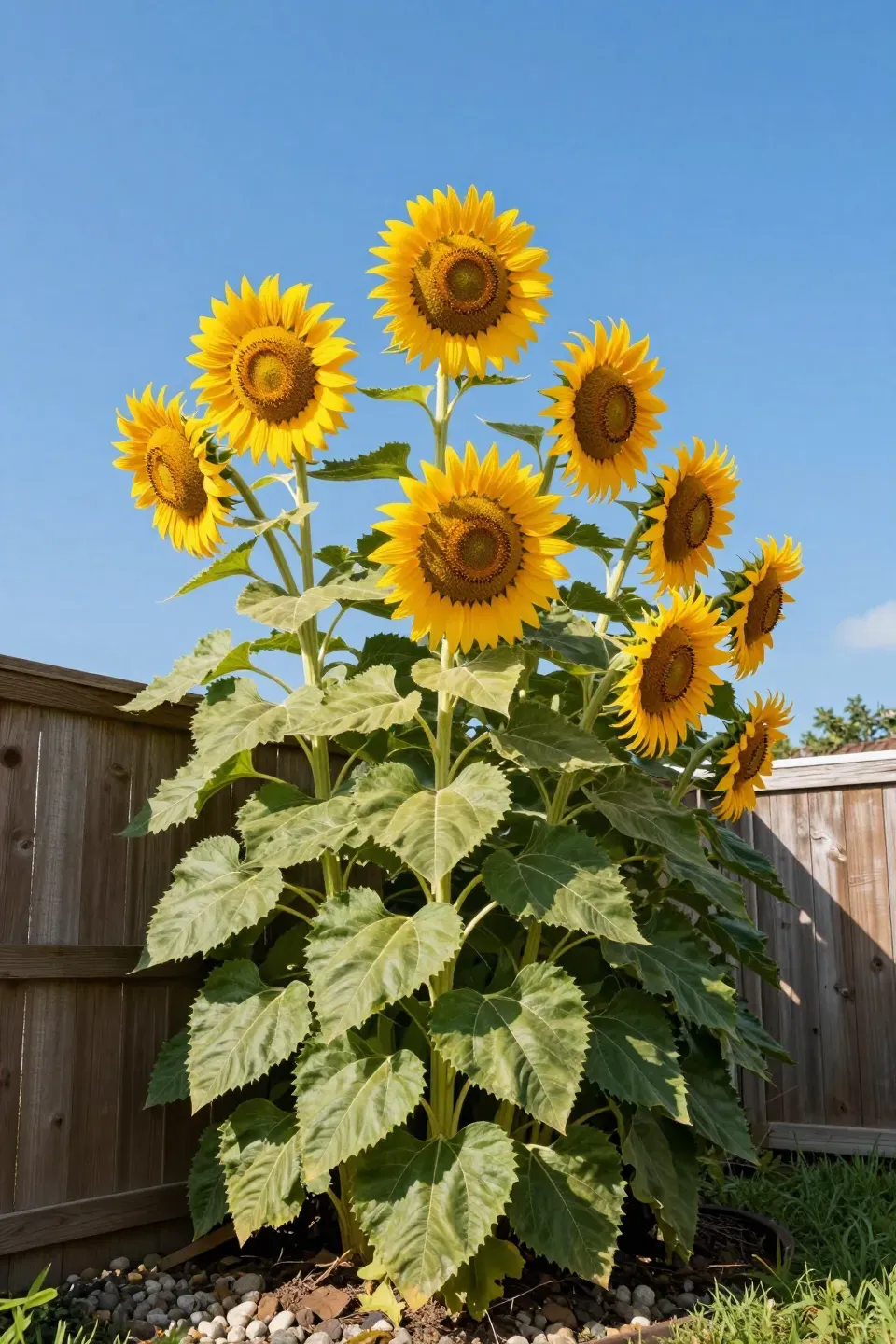 Giant sunflowers with bright yellow petals standing tall against a wooden fence in a sunny backyard.