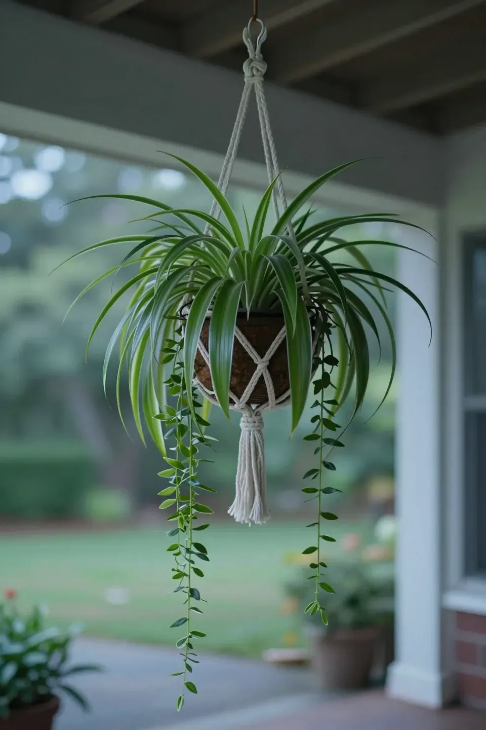 A variegated spider plant with dangling plantlets in a hanging macramé basket on a shaded porch.