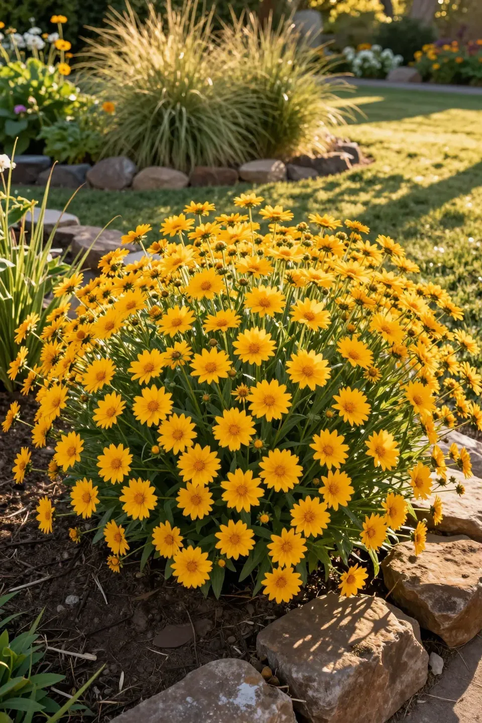 A dense clump of bright yellow Coreopsis flowers blooming in a sunny, low-maintenance backyard garden.