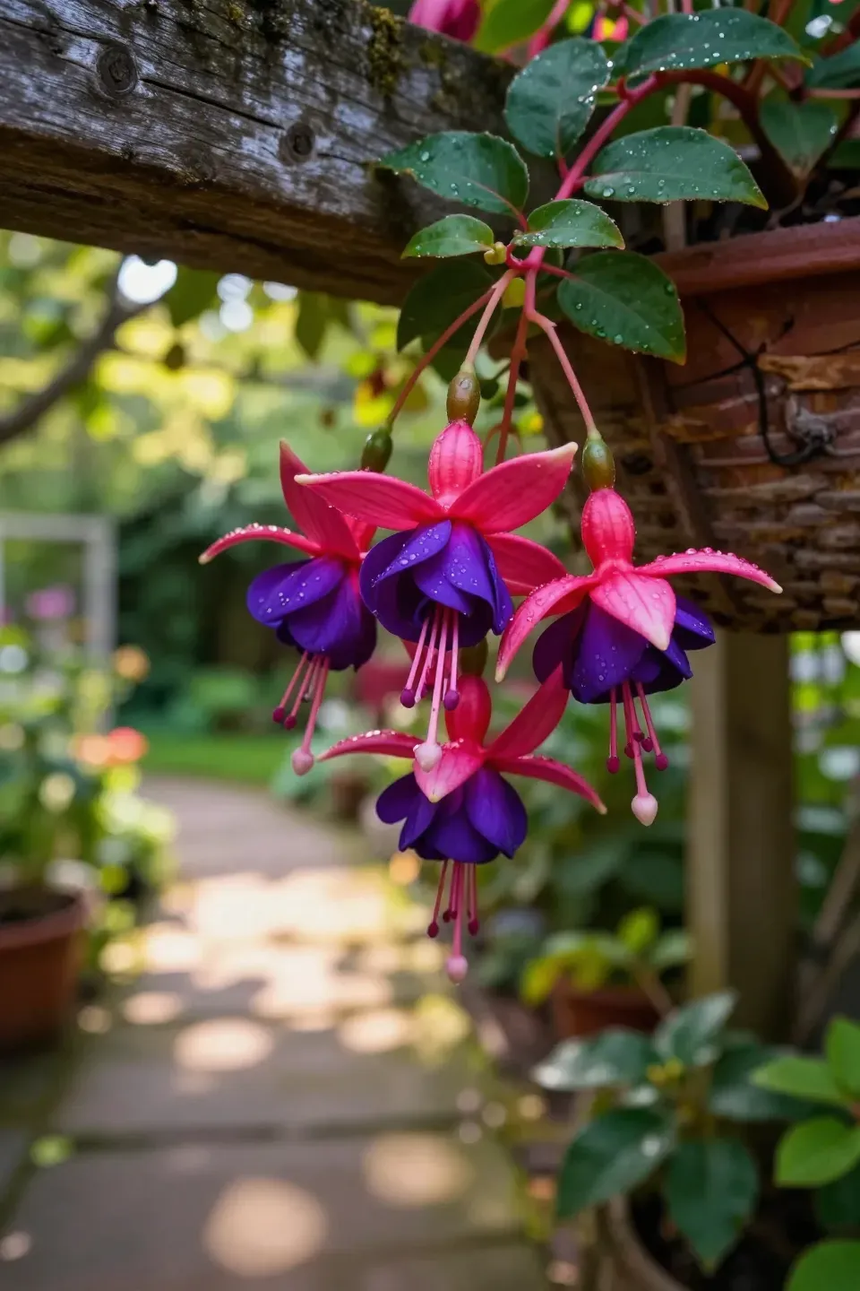Vibrant pink and purple Fuchsia flowers hanging from a basket in a shaded, lush garden.
