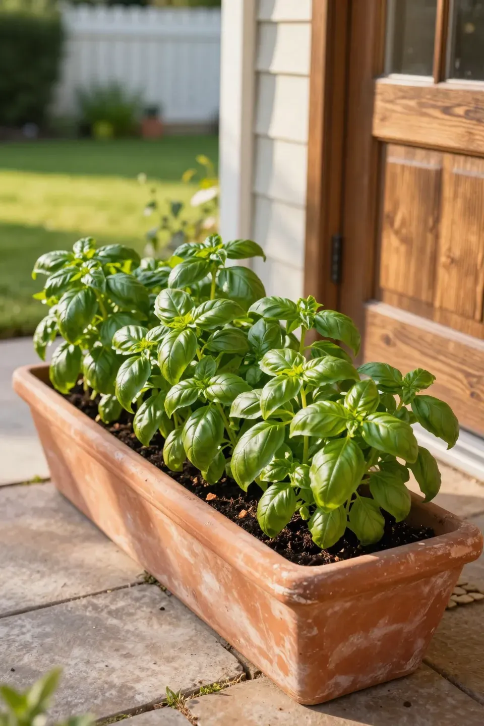 Lush green basil plants growing in terracotta pots on a sunny stone patio.