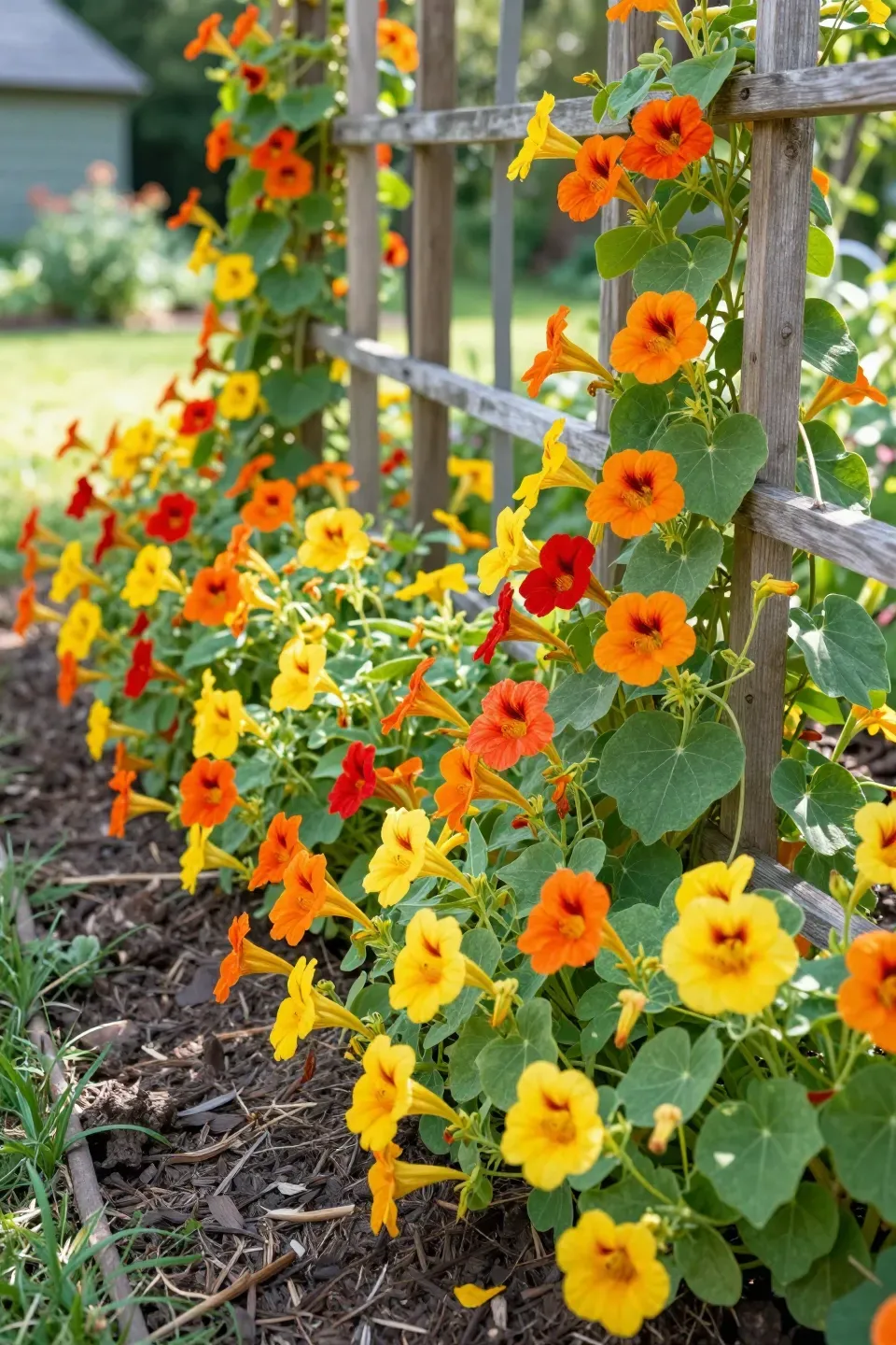 Bright orange and yellow nasturtium flowers climbing a wooden trellis in a garden.