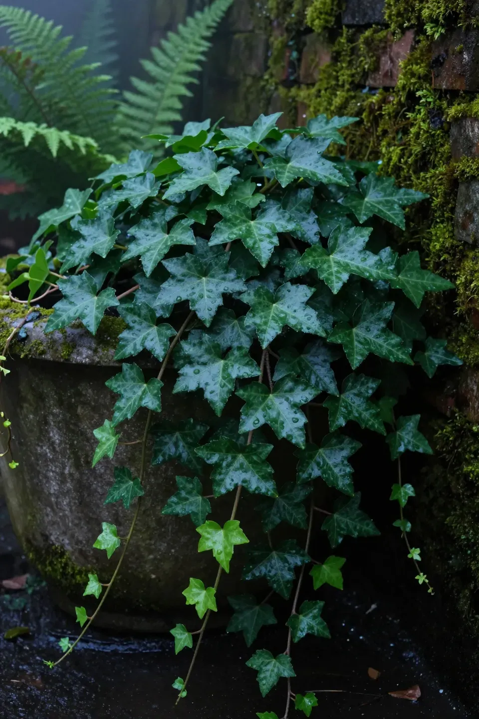 Thick, scalloped leaves of Swedish Ivy cascading over the side of a stone garden planter.