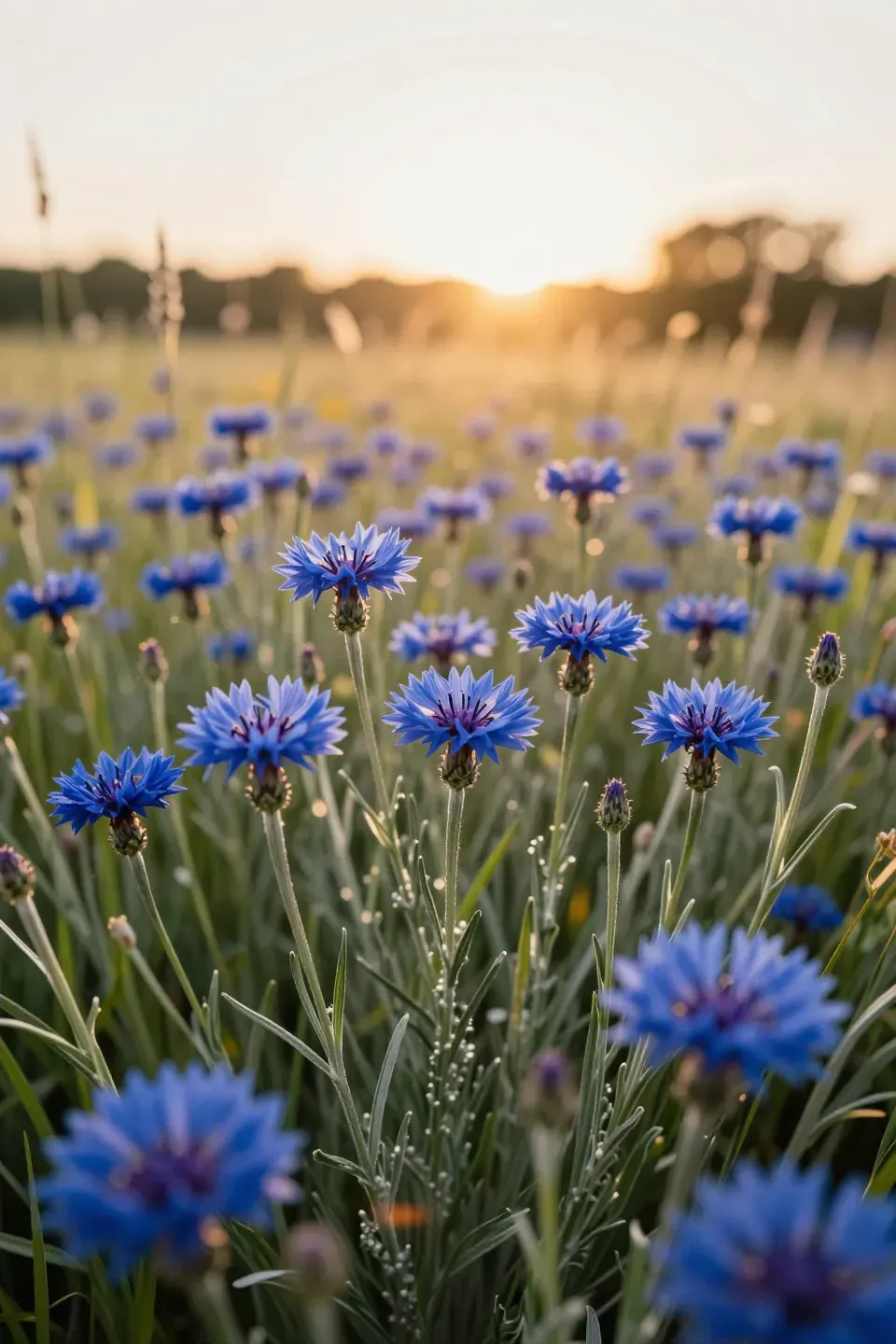 Electric blue Bachelor Button flowers blooming in a sun-drenched meadow at sunset.