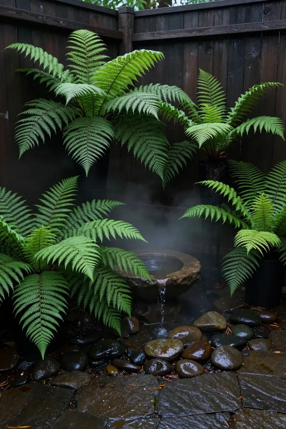 Lush green Boston Ferns with feathery fronds in a misty, shaded garden corner.