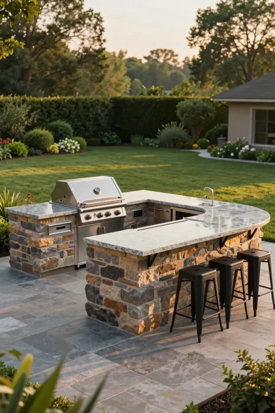 A luxury L-shaped outdoor kitchen with stone veneer and a stainless steel grill on a stone patio.