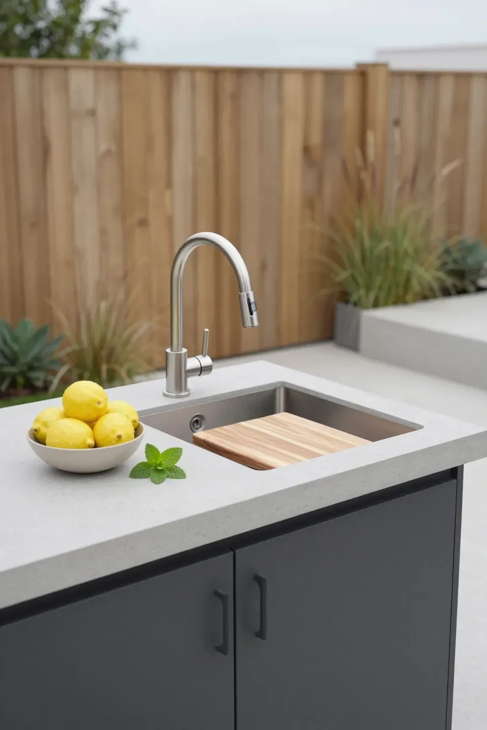 A modern compact outdoor prep station with a stainless steel sink and concrete countertop.