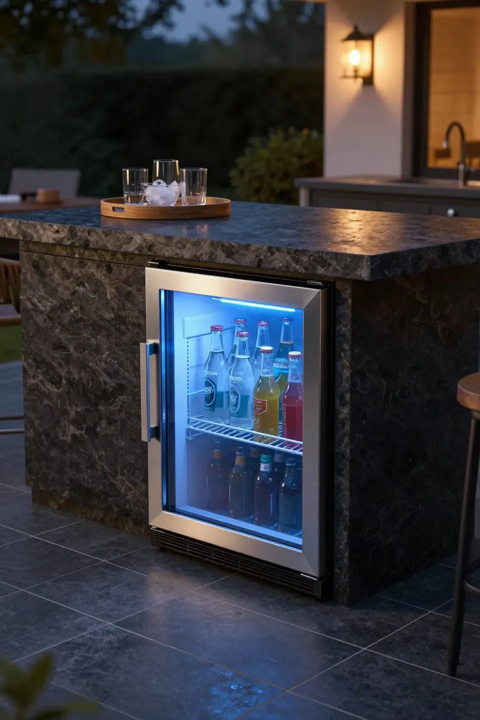 A stone outdoor kitchen counter featuring a built-in stainless steel beverage refrigerator.