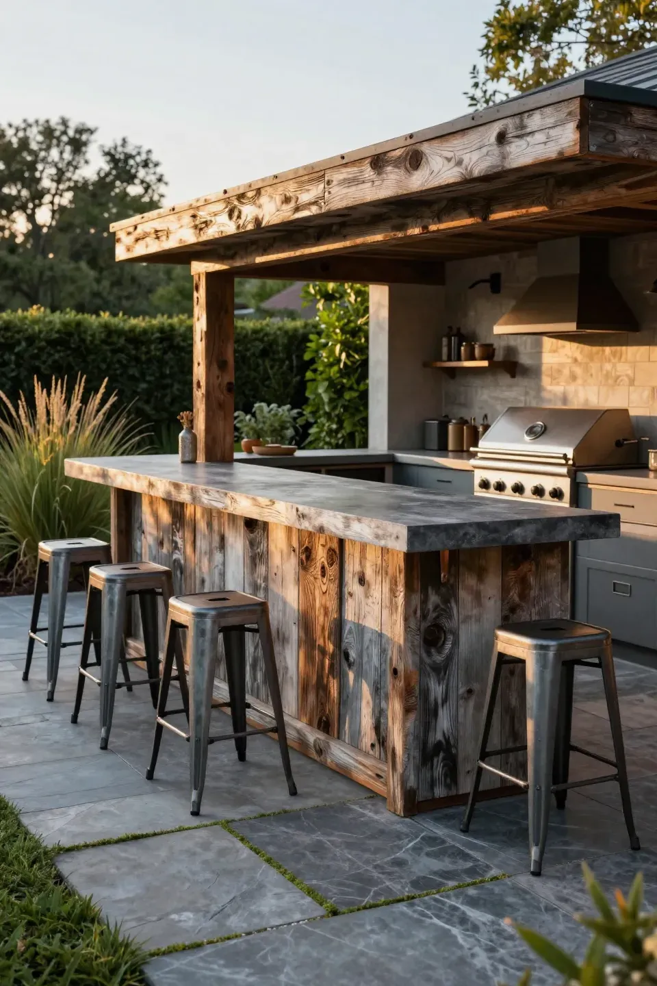 A rustic reclaimed wood bar with a concrete top and metal stools in a sunny backyard kitchen.
