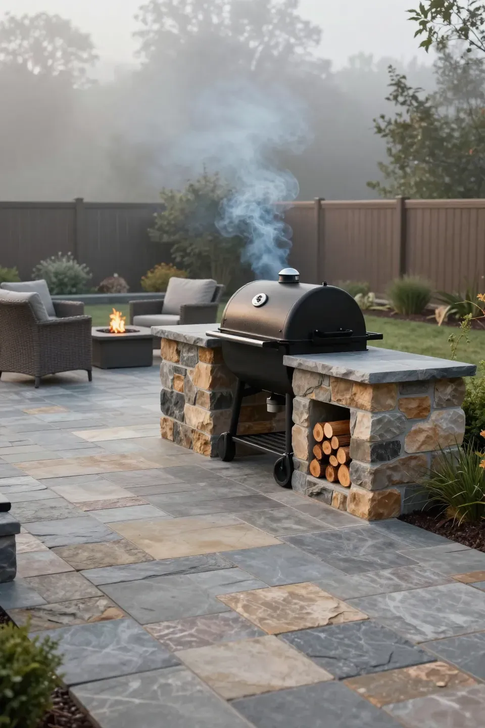 A professional black smoker built into a stone island on a large flagstone patio.