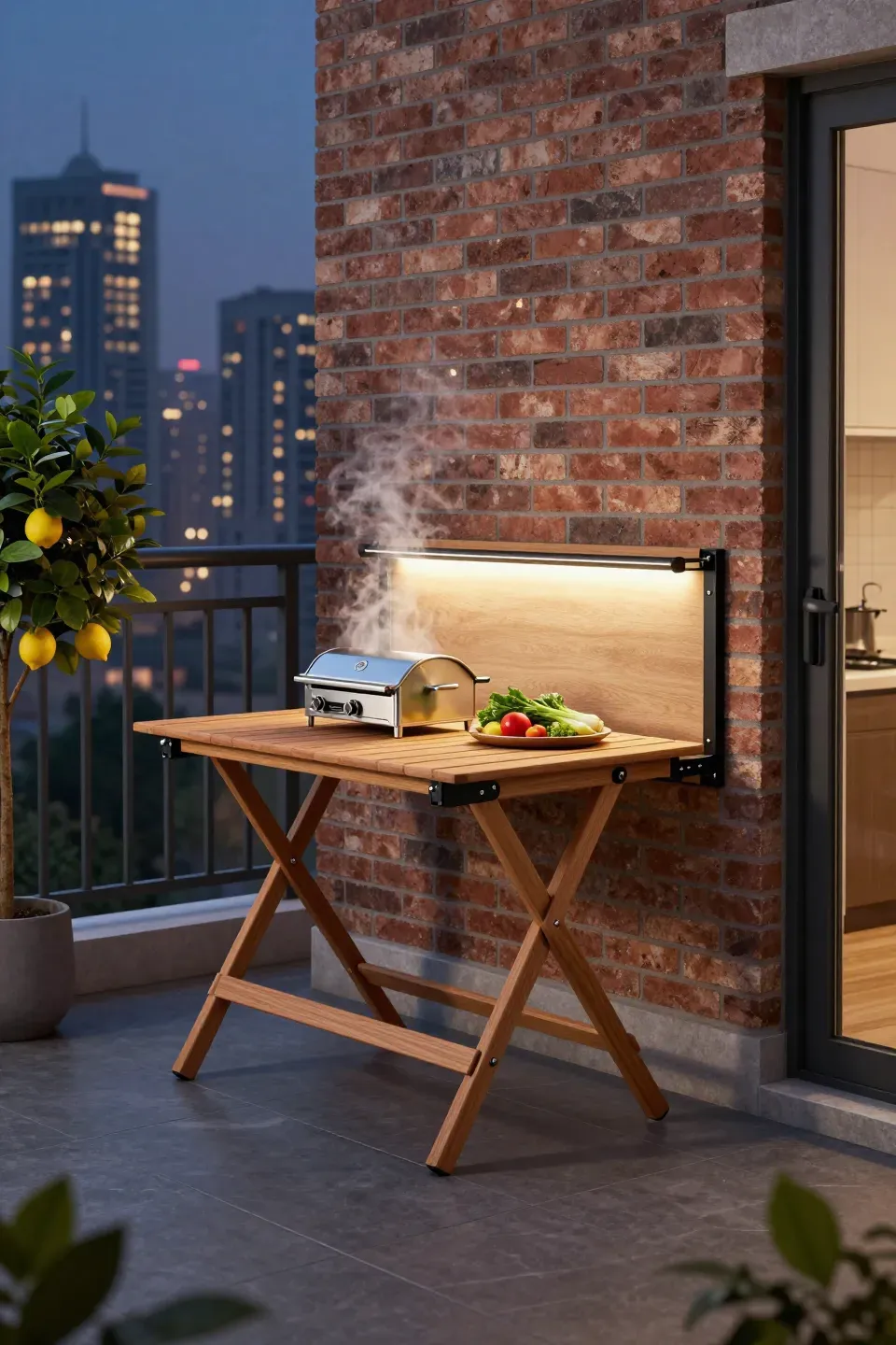 A cedar folding table mounted on a brick wall with a portable grill on a small balcony.
